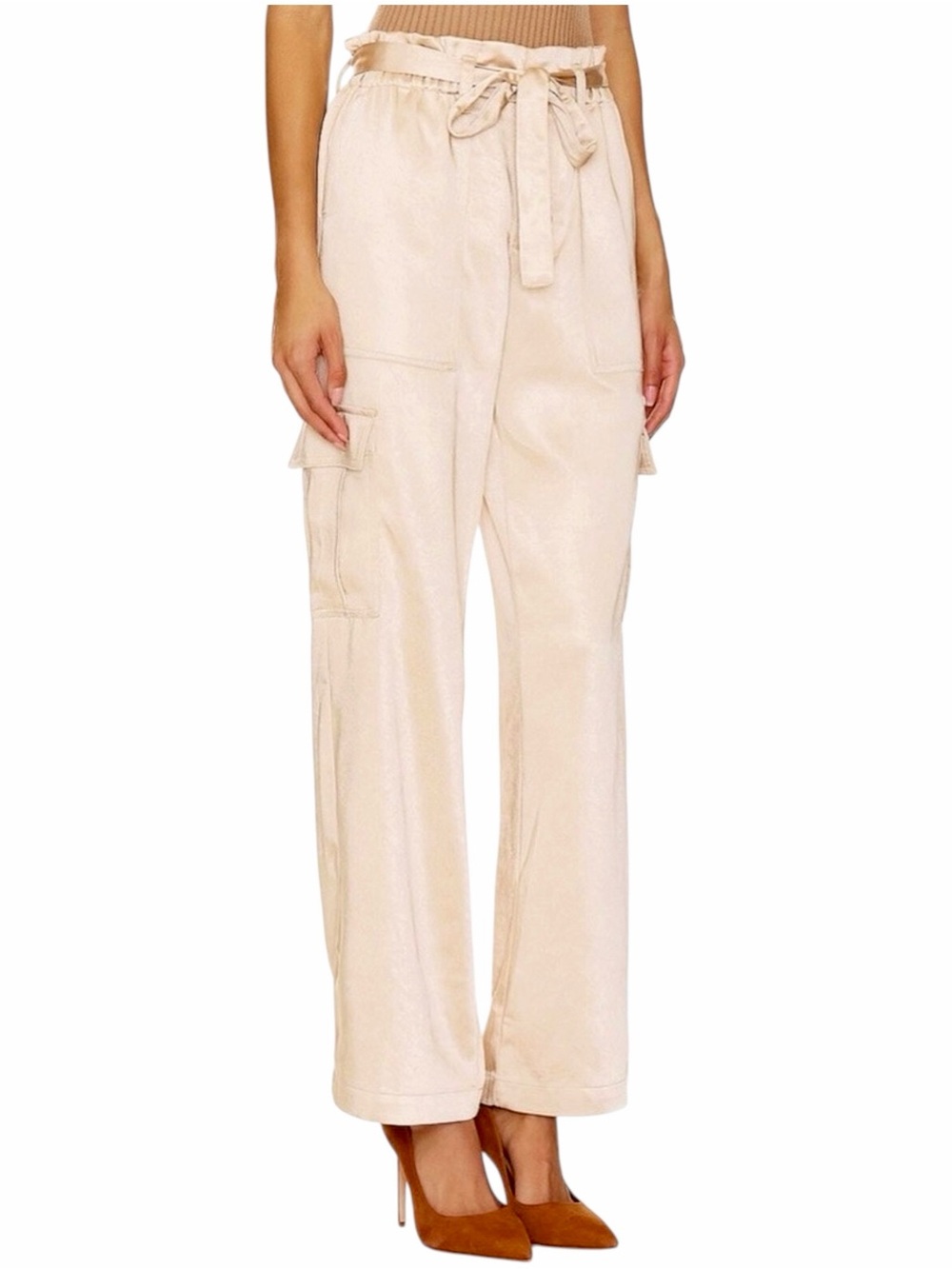 Sanctuary – All Tied Up Belted Wide Leg Silky Cargo Pants - Beige – Sz. S